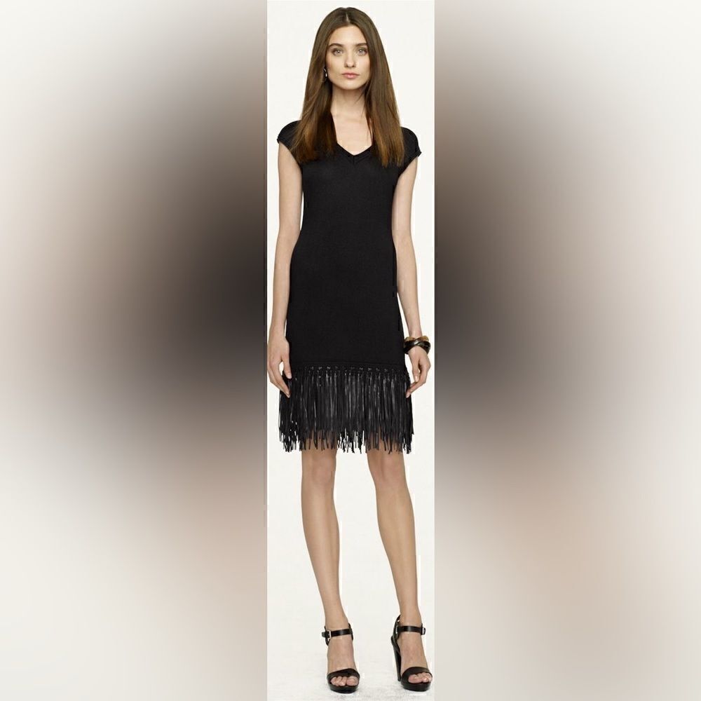 Ralph Lauren Black Lamb Leather-Fringe Silk Knit Sheath Dress - Picture 2 of 16